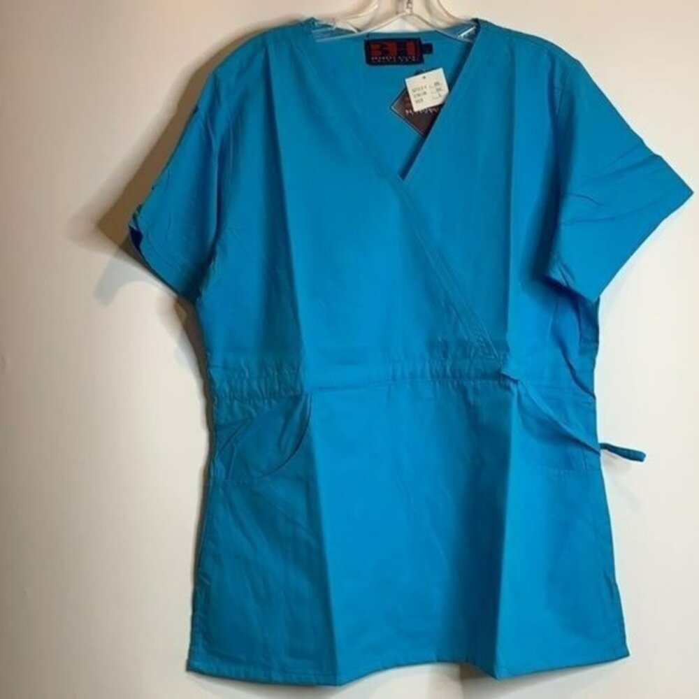 NWT Beverly Hills Uniforms Scrubs V-Neck Side Tie Pockets Solid Blue L LARGE